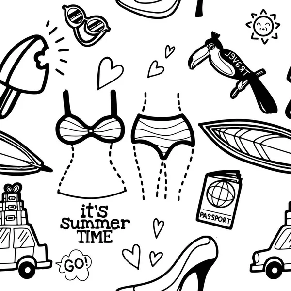 Naadloze schattig patroon met hand getrokken doodle zomer set pictogrammen , — Stockvector