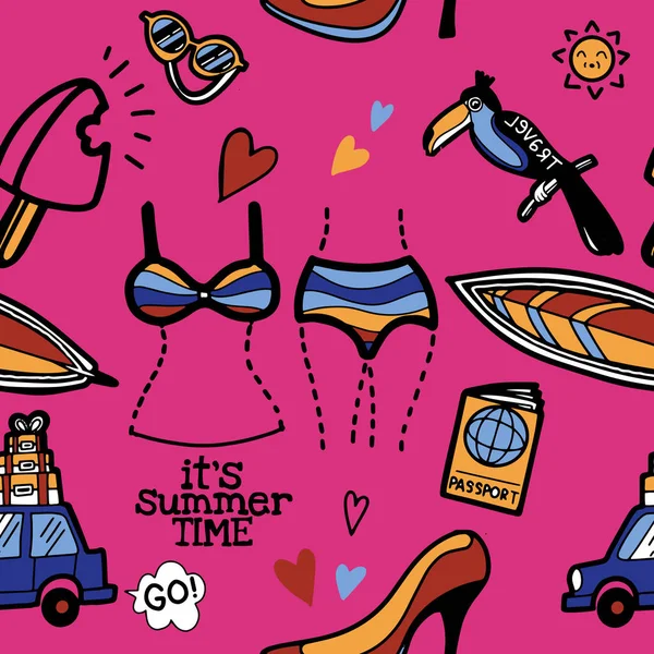 Naadloze schattig patroon met hand getrokken doodle zomer set pictogrammen , — Stockvector