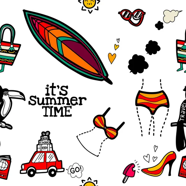 Zökkenőmentes aranyos mintázat kézzel rajzolt Doodle nyári beállított ikonok , — Stock Vector