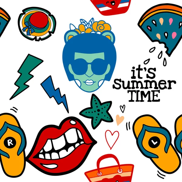Zökkenőmentes aranyos mintázat kézzel rajzolt Doodle nyári beállított ikonok , — Stock Vector