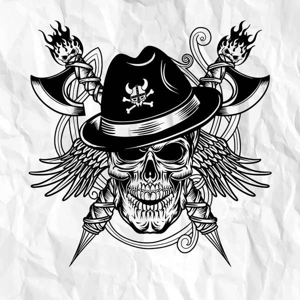 Ilustracja wektorowa czaszki noszących kapelusz Wikingów z osiami — Wektor stockowy
