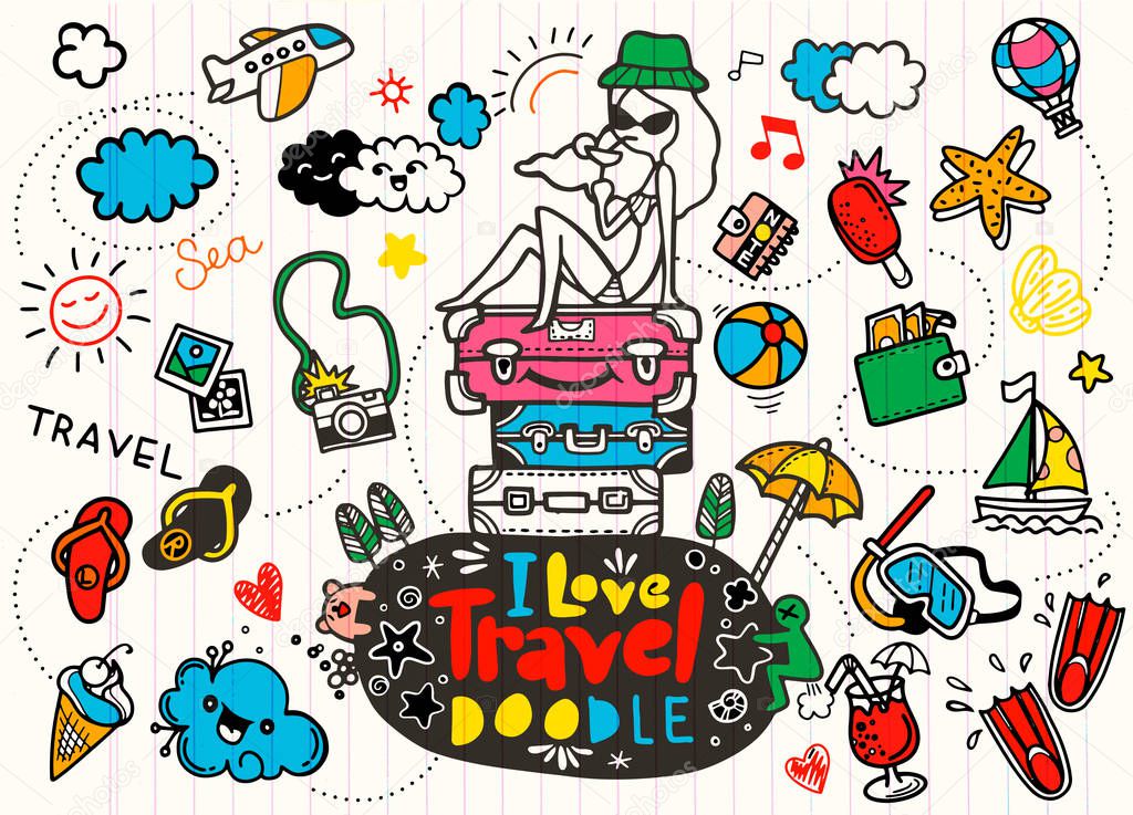 I love travel , Vector illustration of travel doodles sketch ico