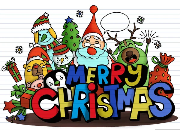 Boldog karácsonyt! Karácsonyi aranyos karakter és aranyos ábécé — Stock Vector