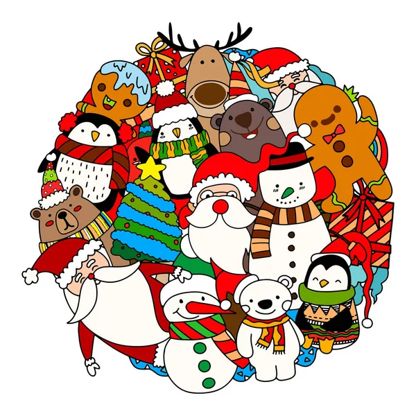 Joyeux Noël, Père Noël et ses amis en forme de cercle, Ve — Image vectorielle