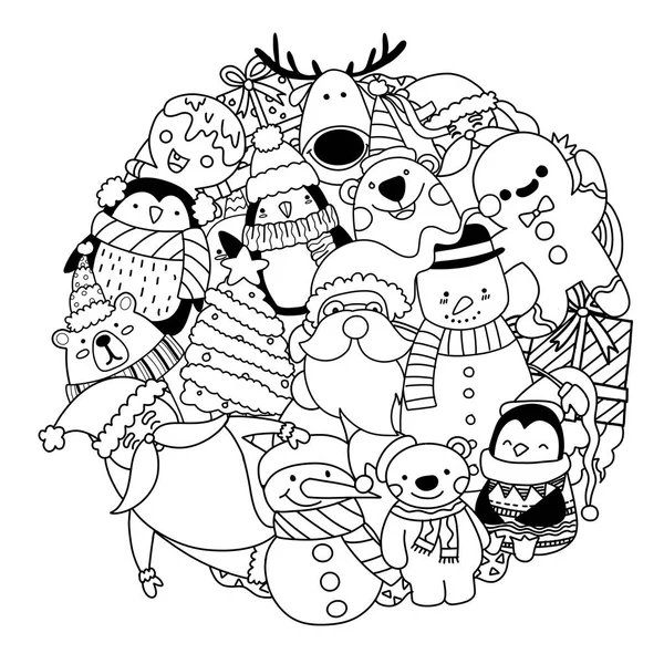 Merry Christmas, Santa en vrienden in cirkel vorm patroon, ve — Stockvector