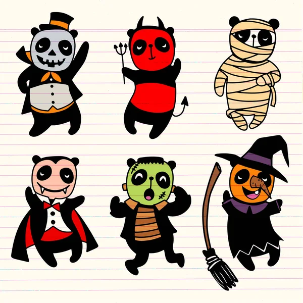 Panda for Halloween. Pigs in the costumes of a witch, a dracula, — ストックベクタ