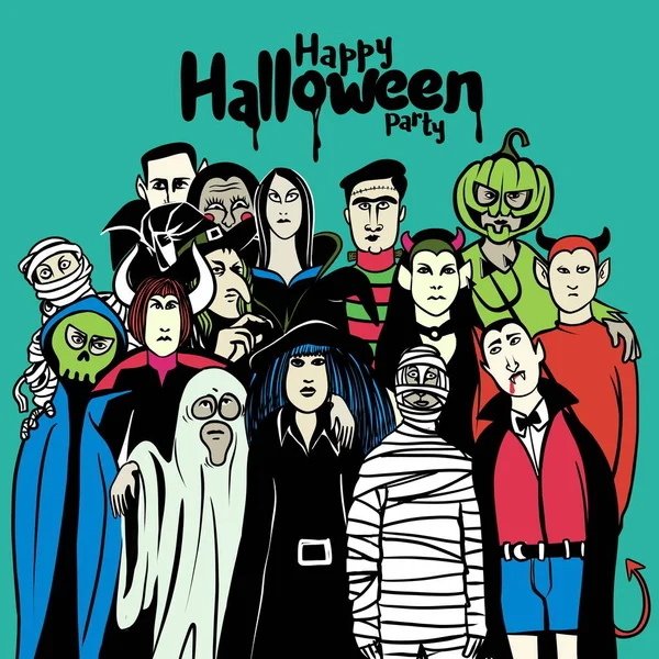 Fiesta de Halloween con gente en traje de monstruo diferente, vecto — Archivo Imágenes Vectoriales