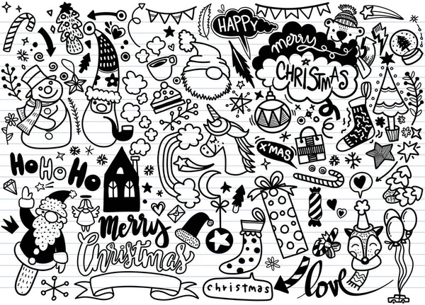 Großes Set weihnachtlicher Designelemente im Doodle-Stil — Stockvektor