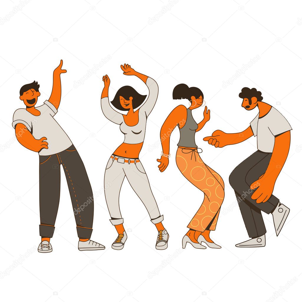 Group of young happy dancing people or male and female dancers i