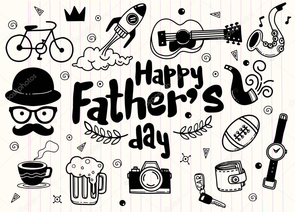 Fathers Day Collection of hand drawings of male accessories on background