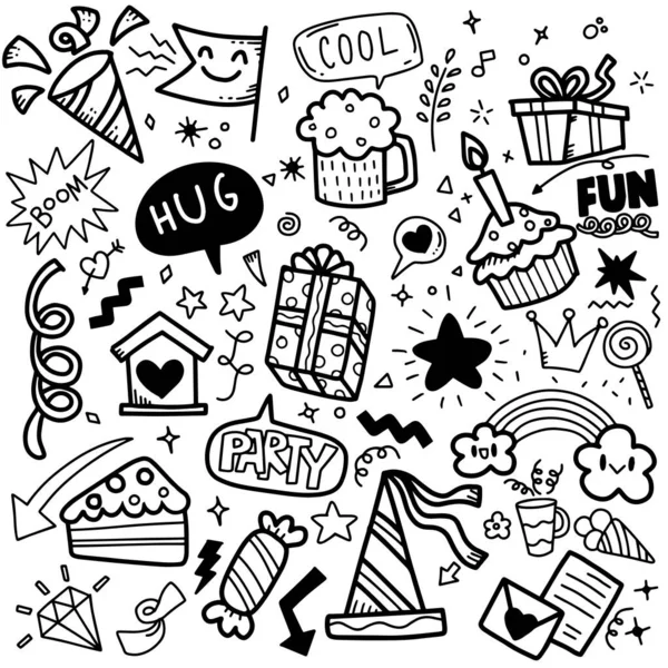 Disegnato Mano Partito Doodle Felice Compleanno Ornamenti Sfondo Modello — Vettoriale Stock