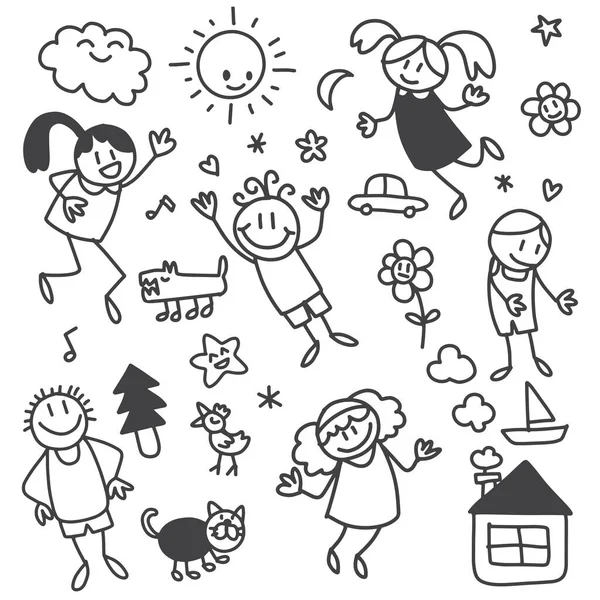 Verzameling Van Schattige Kindertekeningen Van Kinderen Dieren Natuur Objecten Doodle — Stockvector