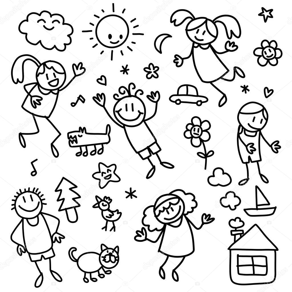 Collection of cute children's drawings of kids, animals, nature, objects , doodle style
