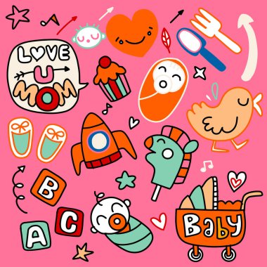 Çıkartma simgeleri elle çizilmiş karalama, çocuklar ve anne