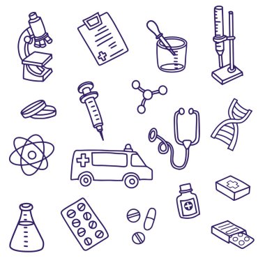 Tasarımınız için en şirin karalama ilacı ikonu. El yapımı sağlık hizmetleri, eczane, tıbbi karikatür ikonları koleksiyonu.