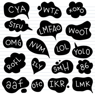 Kabarcık konuşma ifadeleri el çizimi seti. Çevrimiçi argo sohbet bulutları farklı şekillerde 