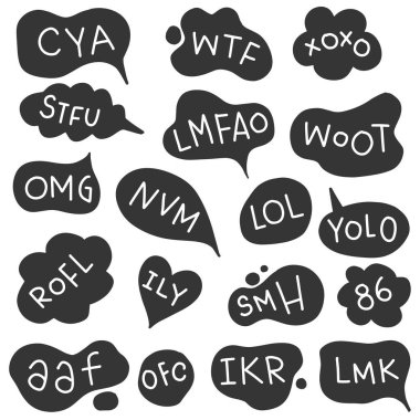 Kabarcık konuşma ifadeleri el çizimi seti. Çevrimiçi argo sohbet bulutları farklı şekillerde 