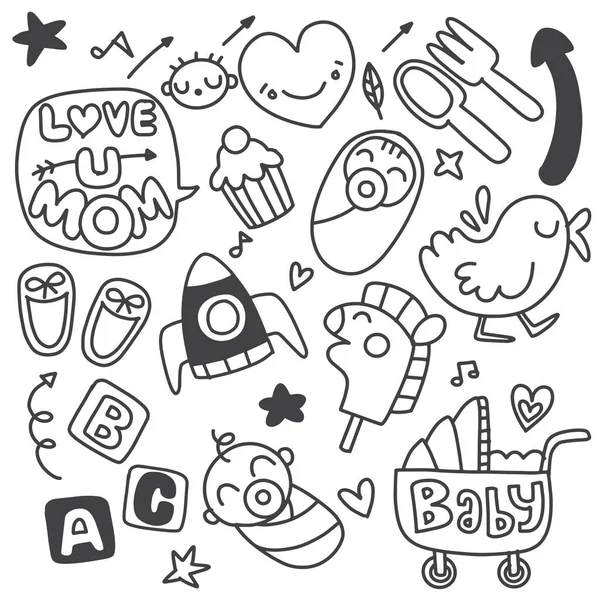 Ícones Adesivos Mão Desenhada Doodle Crianças Mãe —  Vetores de Stock
