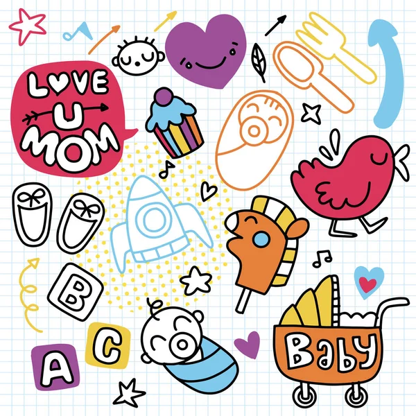 Nálepka Ikony Ručně Kreslené Čmáranice Děti Matka — Stockový vektor
