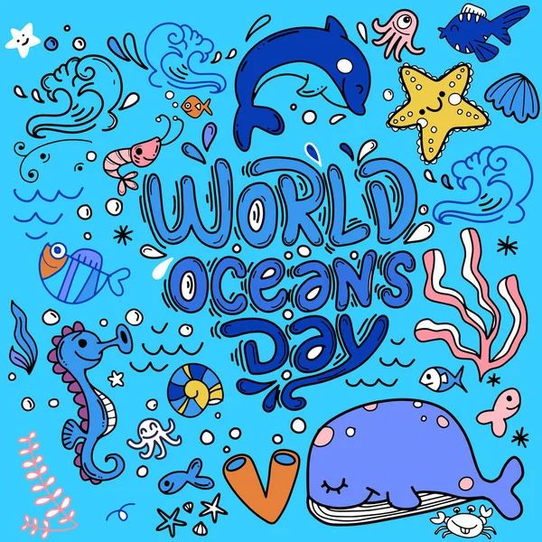 Dia Mundial Oceano Dedicado Proteger Mar Oceano Animais Marinhos Fundo —  Vetores de Stock