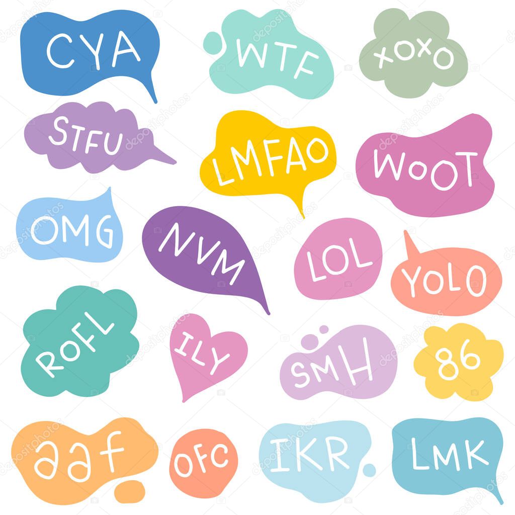 Bubble talk phrases hand draw set . Online slang chat clouds with different shapes 