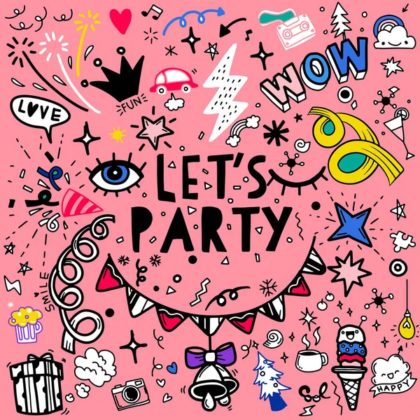 Set Van Party Illustratie Handgetekende Doodle Sketch Lijn Vector Party — Stockvector