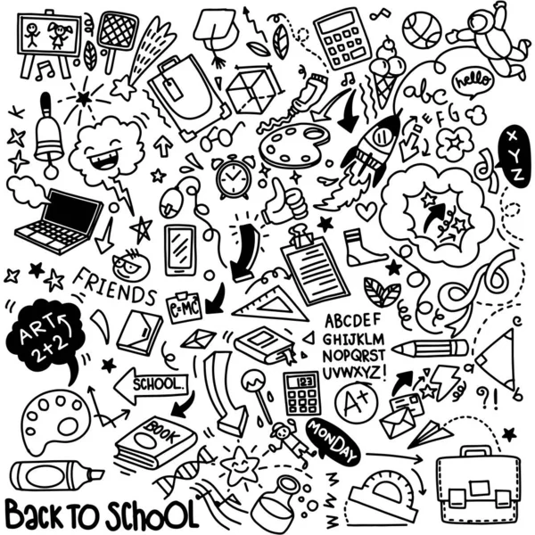 Een Schoolclipart Vector Doodle School Iconen Symbolen Handgetekend Stadsmatig Onderwijsobjecten — Stockvector