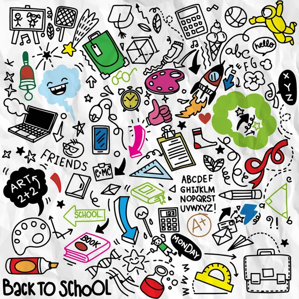 Een Schoolclipart Vector Doodle School Iconen Symbolen Handgetekend Stadsmatig Onderwijsobjecten — Stockvector