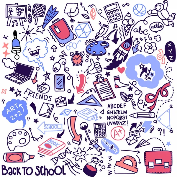 Een Schoolclipart Vector Doodle School Iconen Symbolen Handgetekend Stadsmatig Onderwijsobjecten — Stockvector