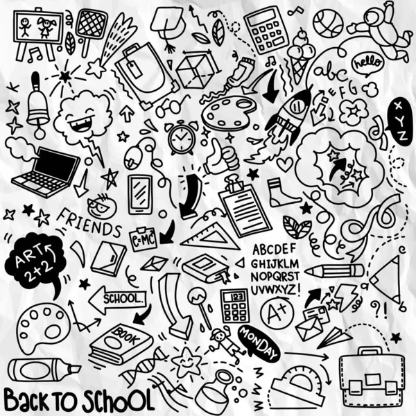 Een Schoolclipart Vector Doodle School Iconen Symbolen Handgetekend Stadsmatig Onderwijsobjecten — Stockvector