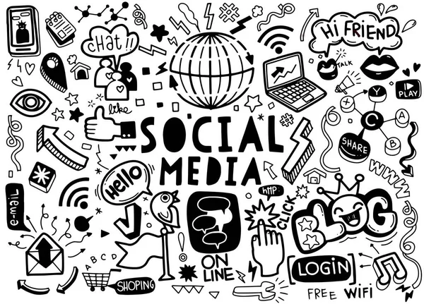 Social Media Vector Doodles Vector Line Art Doodle Cartoon Set — Vetor de Stock