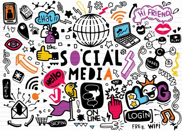 Social Media Vector Doodles Art Vectoriel Ligne Doodle Série Objets — Image vectorielle