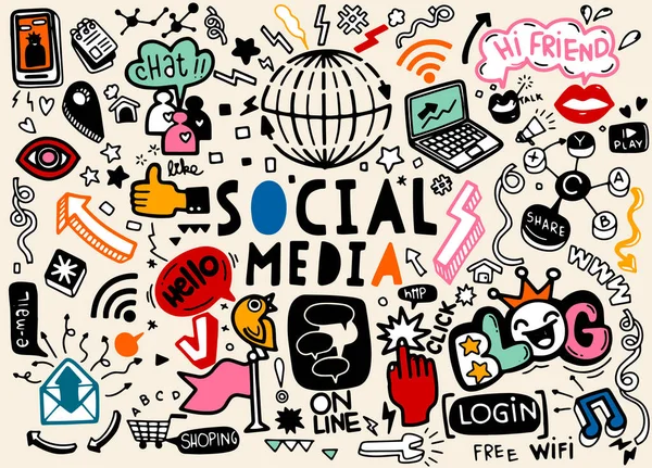 Social Media Vector Doodles Art Vectoriel Ligne Doodle Série Objets — Image vectorielle