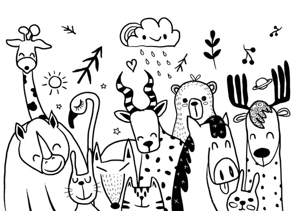 Ilustracja Zestawu Kreskówek Zwierząt Cute Skecz Rysunkowy Zwierzęta Druku Tekstylia — Wektor stockowy