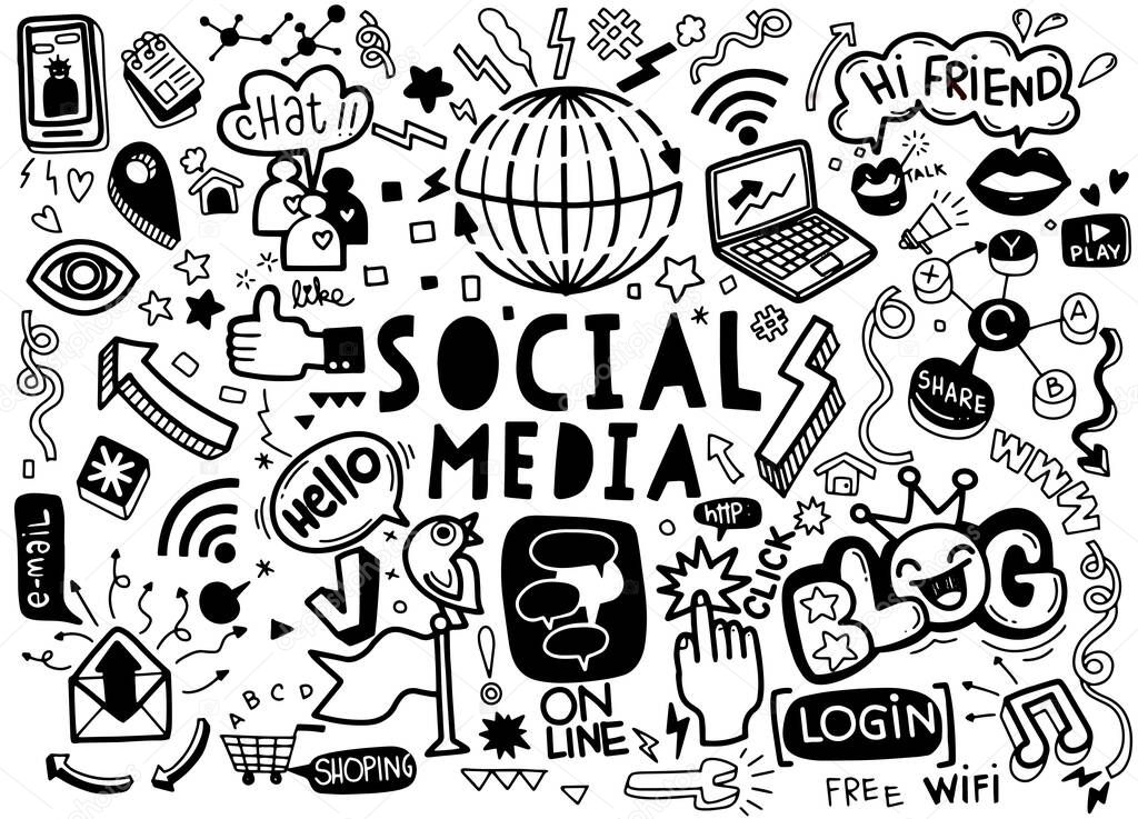 Social media vector doodles.,Vector line art Doodle cartoon set of objects and symbols on the Social Media theme