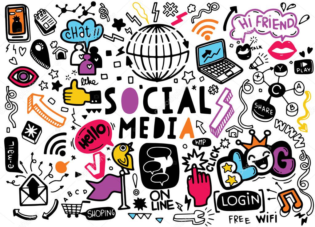 Social media vector doodles.,Vector line art Doodle cartoon set of objects and symbols on the Social Media theme