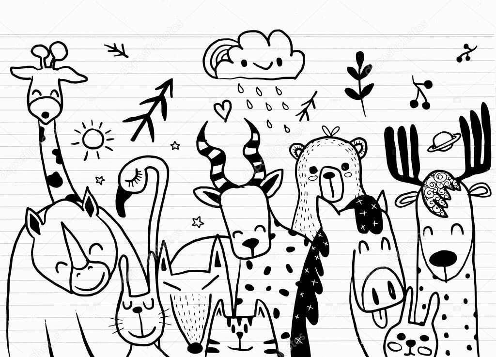 Animal cartoon set illustration ,cute cartoon sketch animals for print, textile, patch, kid product,pillow, gift.vector illustrator