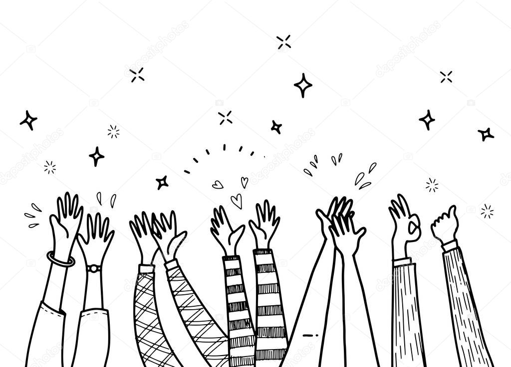 Applause hand draw,hand drawn of hands clapping ovation. applause, thumbs up gesture on doodle style , vector illustration