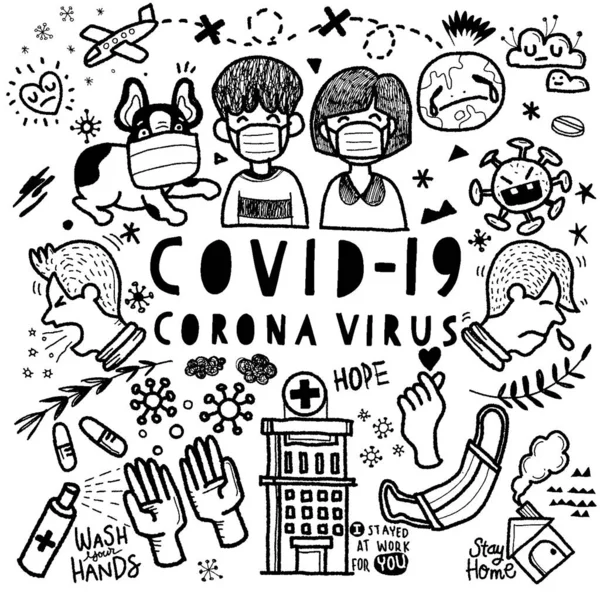 Covid Corona病毒的Doodle Cute示例 手绘插画 平面设计 — 图库矢量图片