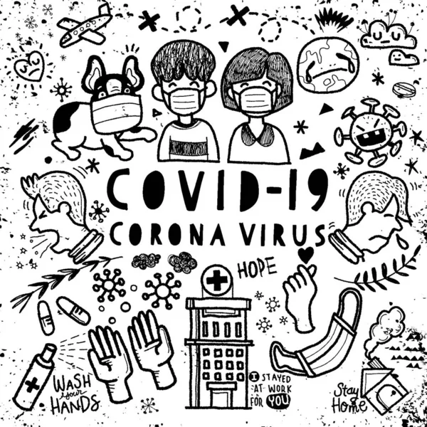 Illustration Doodle Mignon Pour Virus Couronne Covid Dessin Main Illustrateur — Image vectorielle