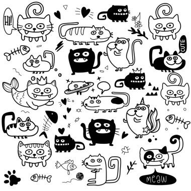 Faaliyetler Komik Kedi Seti. Vektör El Çizim Şablonu.