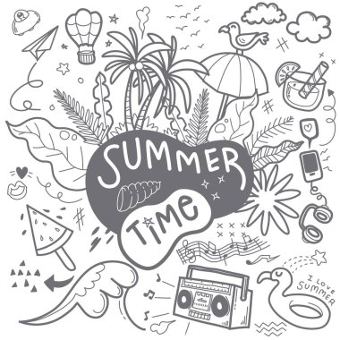 Summer Beach el çizimi vektörü komik insanlar ve nesneler, Hand Drawn Vector Illustration of Doodle, çizim çizimleri, düz tasarım