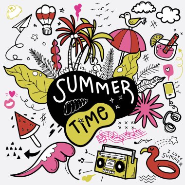 Summer Beach el çizimi vektörü komik insanlar ve nesneler, Hand Drawn Vector Illustration of Doodle, çizim çizimleri, düz tasarım