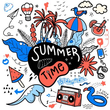 Summer Beach el çizimi vektörü komik insanlar ve nesneler, Hand Drawn Vector Illustration of Doodle, çizim çizimleri, düz tasarım