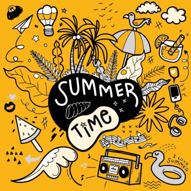 Summer Beach el çizimi vektörü komik insanlar ve nesneler, Hand Drawn Vector Illustration of Doodle, çizim çizimleri, düz tasarım