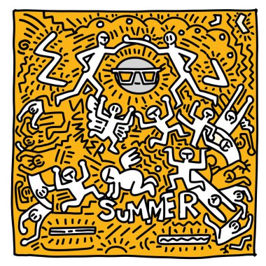 Summer Beach el çizimi vektörü komik insanlar ve nesneler, Hand Drawn Vector Illustration of Doodle, çizim çizimleri, düz tasarım