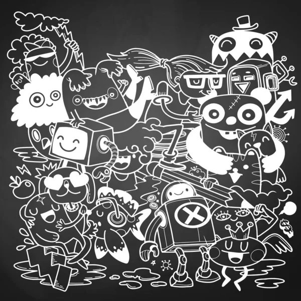 Kreativní Aktivity Funny Doodle Cartoon Set Vzor Ručně Kreslené Ilustrace — Stockový vektor