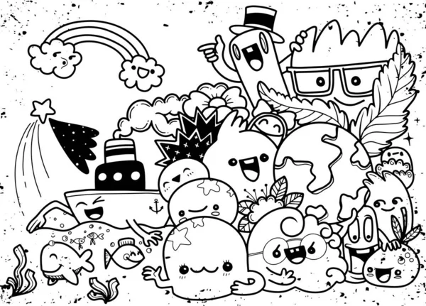 Criatividade Atividades Engraçado Doodle Cartoon Set Padrão Ilustração Desenhada Mão — Vetor de Stock