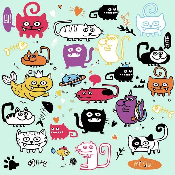 Aktivitäten Funny Doodle Cats Set Vector Hand Gezeichnete Illustrationsmuster — Stockvektor