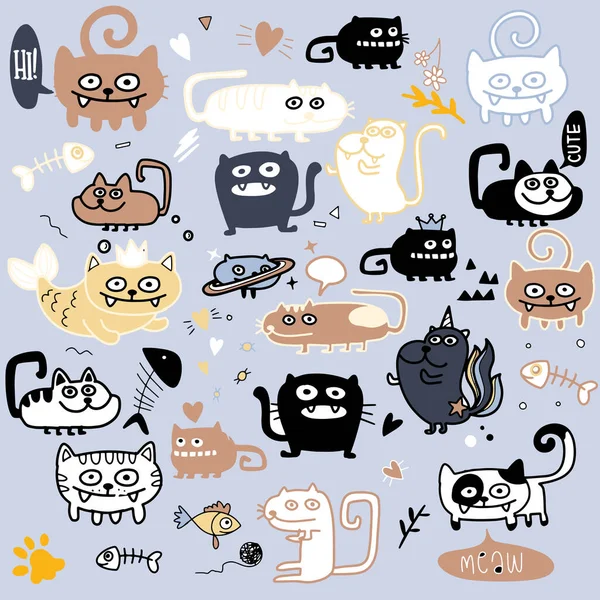 Activities Funny Doodle Cats Set Векторная Ручная Иллюстрация — стоковый вектор